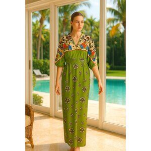 Vintage 60s Leslie Fay Original Maxi Dress – Japanese Art Print – Olive Green –
